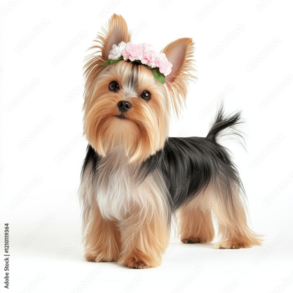 Yorkshire Terrier with floral headband poses elegantly, showcasing its long, silky fur and playful demeanor. This adorable toy breed exudes charm and personality Yorkshire Terrier with floral headband poses elegantly, showcasing its long, silky fur and playful demeanor. This adorable toy breed exudes charm and personality