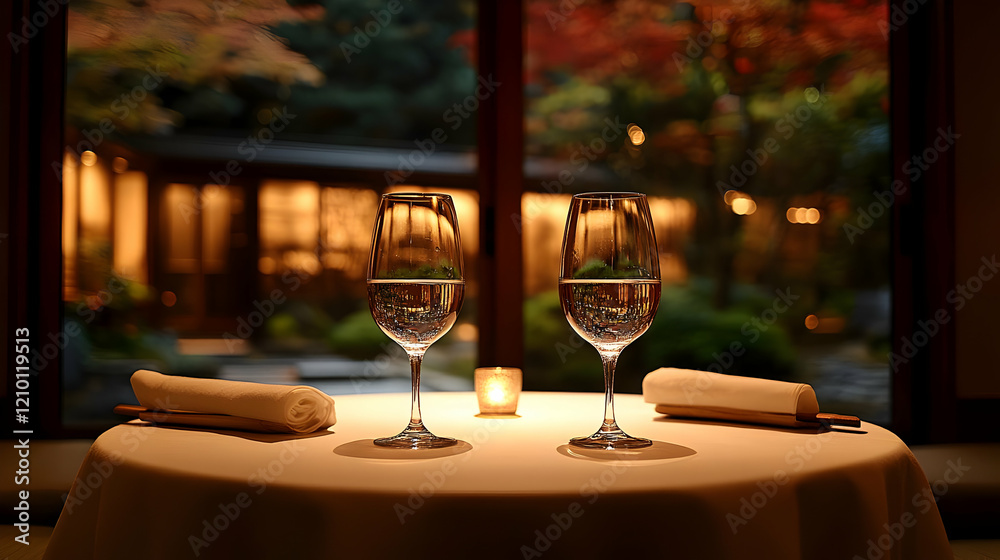 Romantic Dinner Setting with Wine Glasses and Tranquil Garden View Romantic Dinner Setting with Wine Glasses and Tranquil Garden View