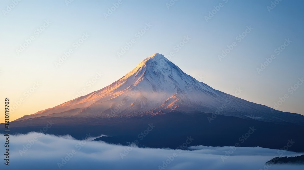 Majestic Mount Fuji at Sunrise with Soft Clouds in Foreground and Serene Blue Sky, Captivating Winter Landscape in Vibrant Colors Majestic Mount Fuji at Sunrise with Soft Clouds in Foreground and Serene Blue Sky, Captivating Winter Landscape in Vibrant Colors