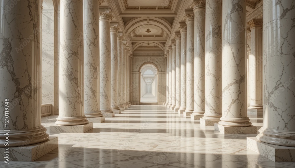 Sunlit Marble Colonnade: Elegant Classical Architecture, Interior Design, Grandeur, Perspective, Luxury. Sunlit Marble Colonnade: Elegant Classical Architecture, Interior Design, Grandeur, Perspective, Luxury.