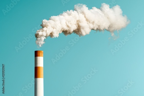 Industrial chimney with white smoke against a clear blue sky creating a stark contrast photo