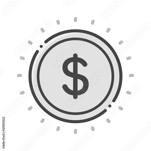 キラキラ光っているドルのコインの線アイコン- 通貨記号入りのアメリカやカナダなどのお金のイメージ
