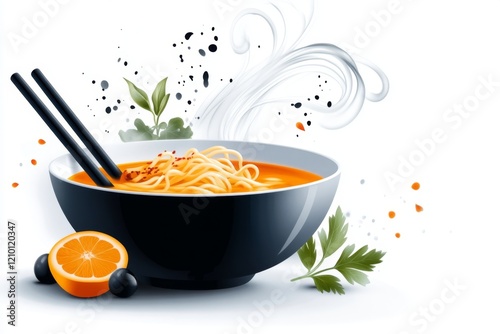 A flat 2D drawing of a bowl of ramen, with swirling steam and chopsticks resting on the side, on a clean white background photo