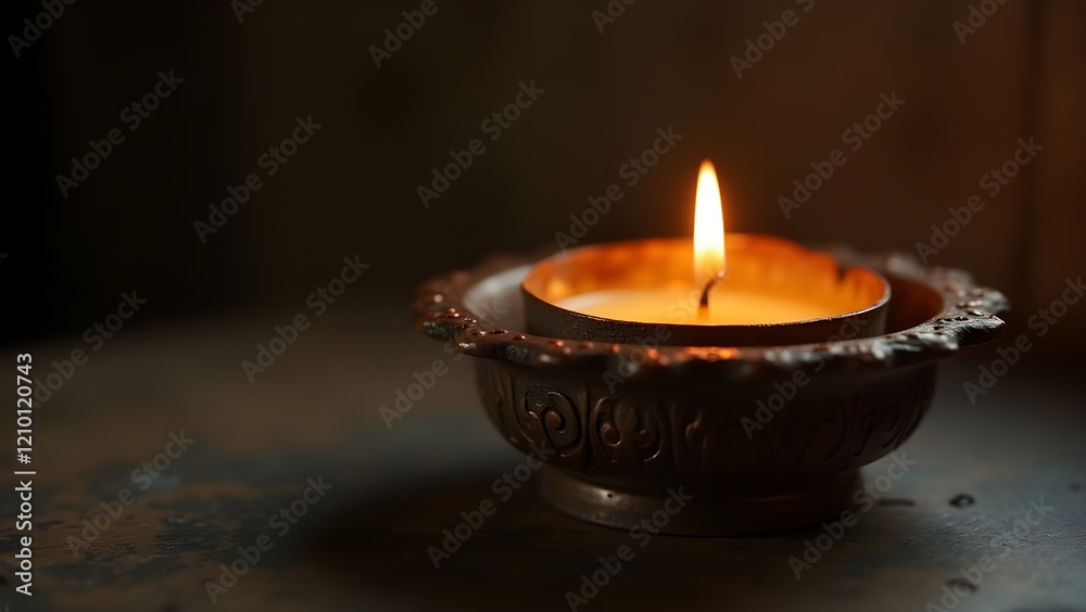A half-burned candle dripping wax on a rustic metal holder in a dim room A half-burned candle dripping wax on a rustic metal holder in a dim room
