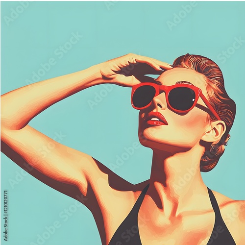 Glamorous Woman in Swimsuit Striking Confident Pose Against Vibrant Background