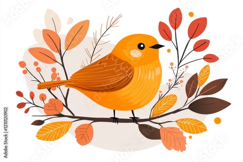 A flat design of a yellow bird perched on a branch, with simple details and soft shades, placed against a white background photo