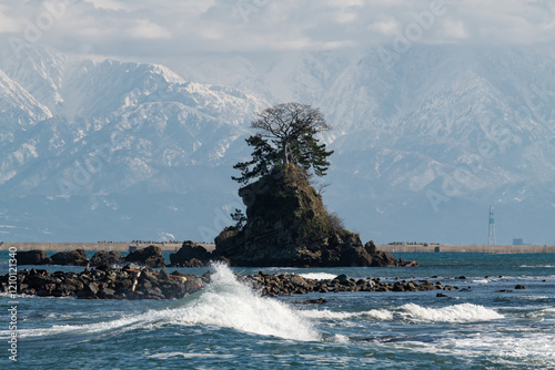 Obraz na płótnie 雨晴海岸・女岩と立山連峰 w salonie