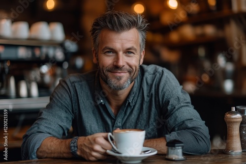 Happy man enjoying in cup of coffee at home and looking at camera. Generative AI