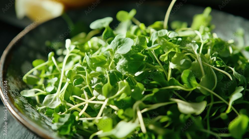 Delicate springtime salad featuring fresh watercress in a rustic bowl on a wooden table Delicate springtime salad featuring fresh watercress in a rustic bowl on a wooden table