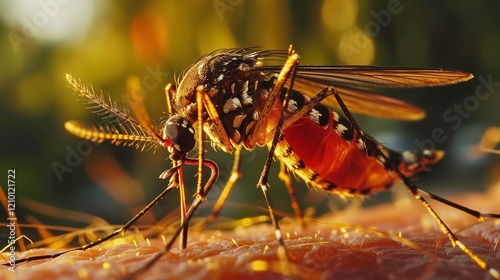 Extreme Close Up of Mosquito Feeding on Skin at Sunset photo