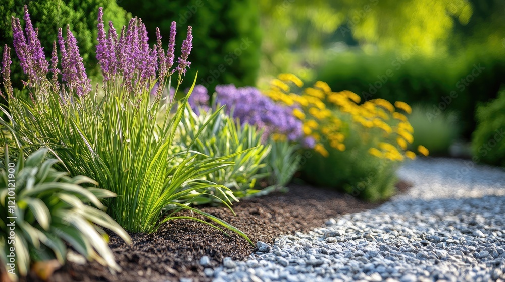 Obraz premium Colorful Perennial Flowers and Gravel Pathway in Sustainable Eco Friendly Garden Design Suitable for Shady and Drought Tolerant Areas
