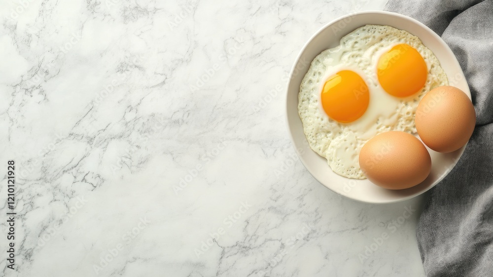 Sunny side up eggs on plate with raw marble surface Sunny side up eggs on plate with raw marble surface