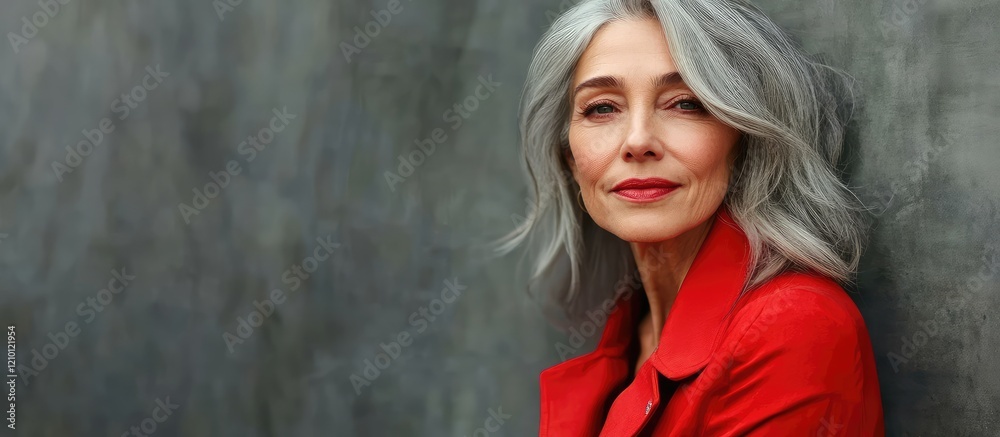 Fashionable older woman with flowing gray hair wearing a vibrant red jacket against a textured gray background with space for text Fashionable older woman with flowing gray hair wearing a vibrant red jacket against a textured gray background with space for text