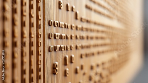 Wooden wall art with embossed numeral patterns, close-up view
