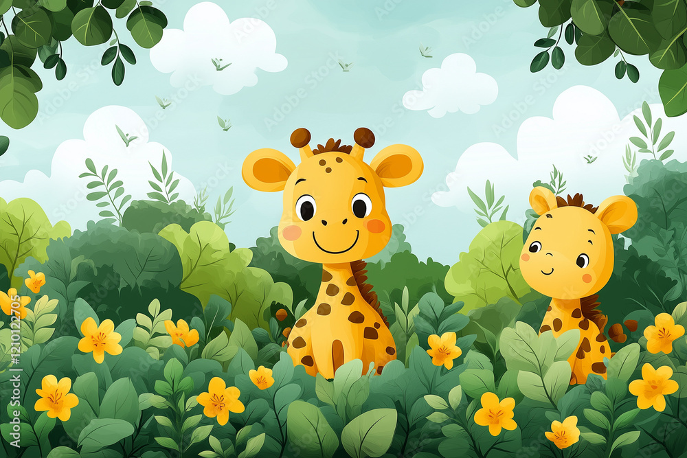 Naklejka premium Two cartoon giraffes in flower-filled jungle
