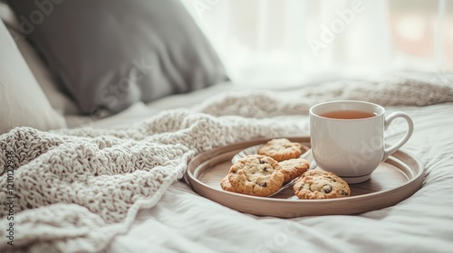 A tray with tea and cookies placed on a bed in a guest room.