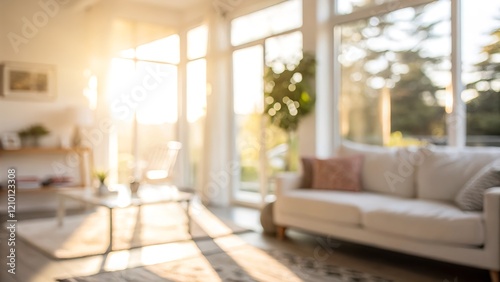 Blur living room at home with morning sunlight at big window for background usage.