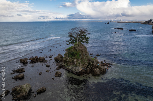 Obraz na płótnie 雨晴海岸・女岩と立山連峰(ドローンによる空撮) w salonie