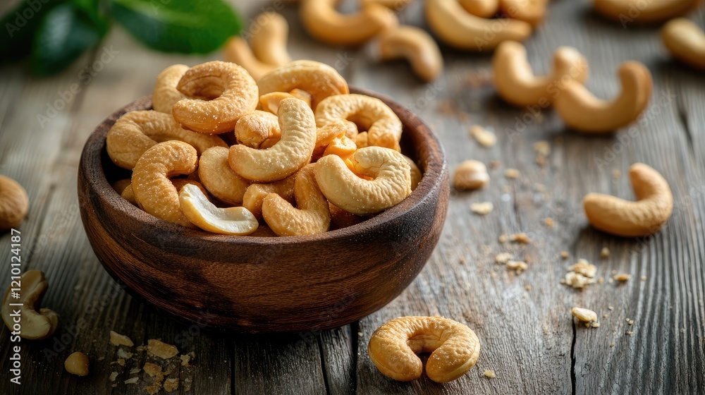 Delicious cashew nuts in a rustic wooden bowl scattered on a textured table surface showcasing an inviting snack scene Delicious cashew nuts in a rustic wooden bowl scattered on a textured table surface showcasing an inviting snack scene
