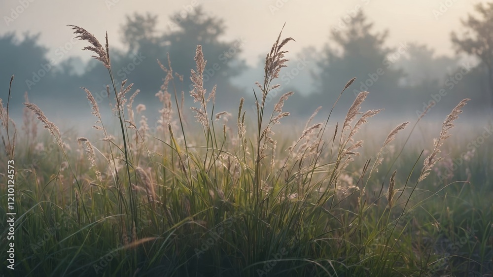 Fototapeta premium Morning light gently illuminates tall grass in a tranquil landscape at dawn with soft mist