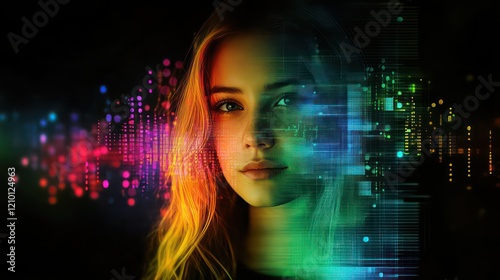 Wallpaper Mural Futuristic Neon Portrait - Vibrant Abstract Face with Glowing Digital Lines Torontodigital.ca