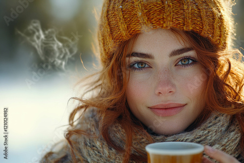 Woman Drinking Tea In Winter