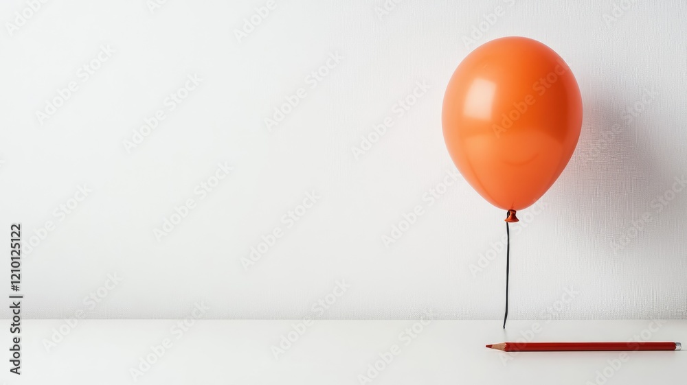 Orange balloon tied to string floating next red pencil on white surface Orange balloon tied to string floating next red pencil on white surface