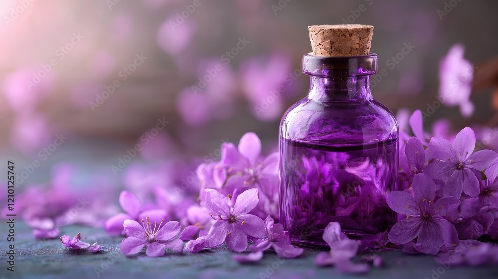 Purple Aroma Bottle Surrounded by Blossoms for Relaxation and Stress Relief in a Serene Setting Purple Aroma Bottle Surrounded by Blossoms for Relaxation and Stress Relief in a Serene Setting