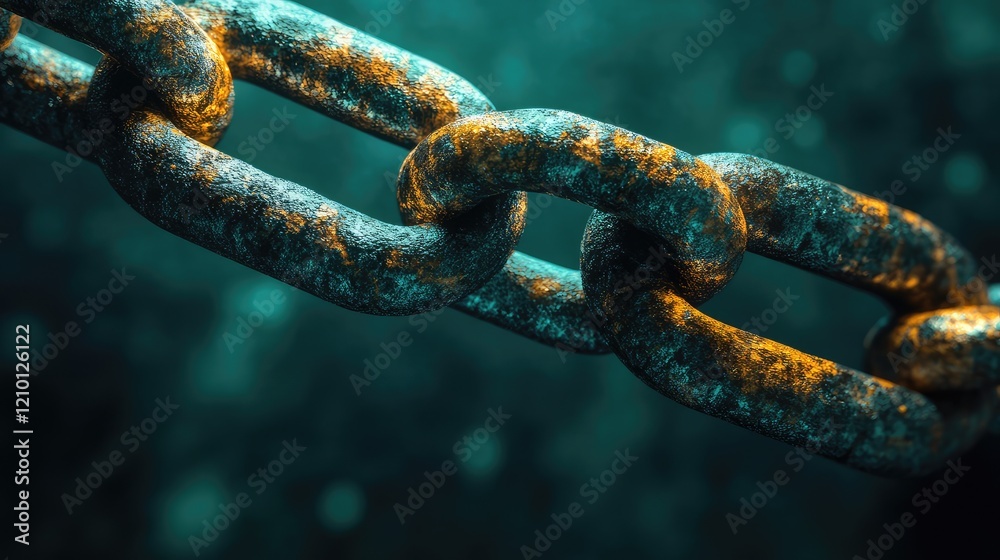 Close-up of Rusty Metal Chain Links with Vintage Texture and Illuminate Blue Background Representing Connection and Data Network Concepts Close-up of Rusty Metal Chain Links with Vintage Texture and Illuminate Blue Background Representing Connection and Data Network Concepts