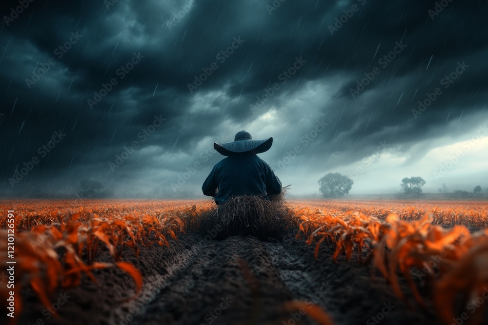 A gothic-style depiction of a farmer gathering crops under a dark, stormy sky, with ominous shadows and eerie details in the background