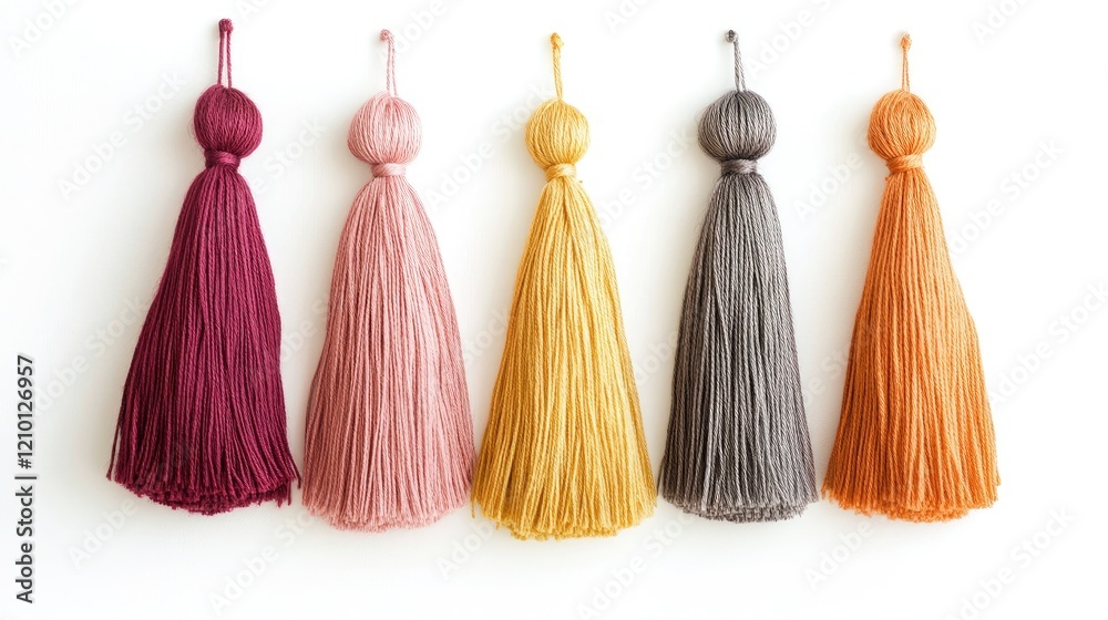 Colorful tassels arranged on a white background showcasing various shades for decorative and crafting purposes. Colorful tassels arranged on a white background showcasing various shades for decorative and crafting purposes.