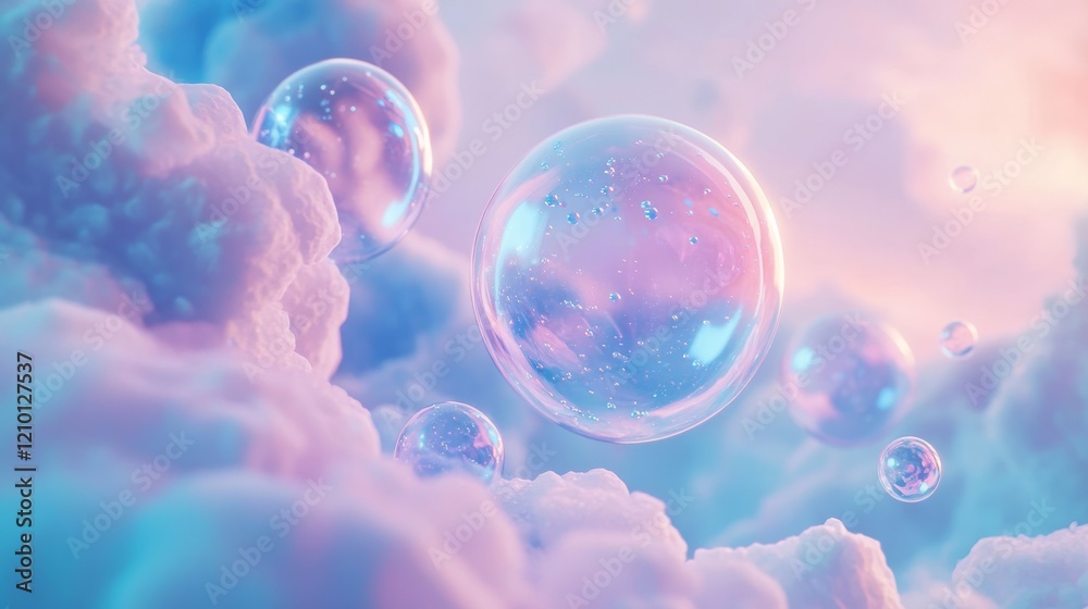 Blue and pink realistic soap bubble background. Dream light with magic reflection. 3d abstract foam sphere banner bg. Cleaning or laundry illustration with floating shampoo orb panorama design Blue and pink realistic soap bubble background. Dream light with magic reflection. 3d abstract foam sphere banner bg. Cleaning or laundry illustration with floating shampoo orb panorama design