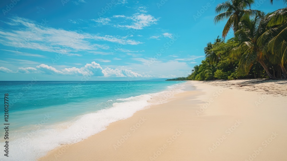 Serene tropical beach with clear blue waters and lush greenery Serene tropical beach with clear blue waters and lush greenery