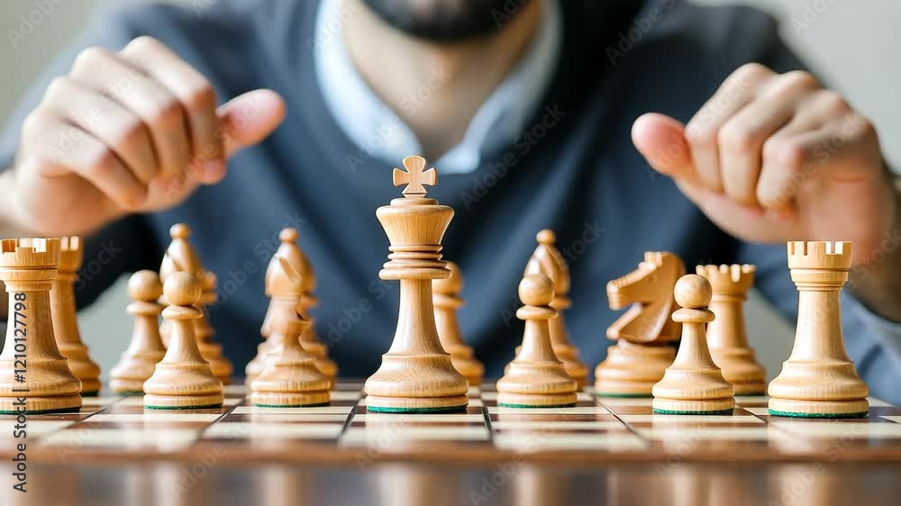 A focused individual contemplates their next move in a chess game, with a close-up view of wooden pieces arranged on a board.

