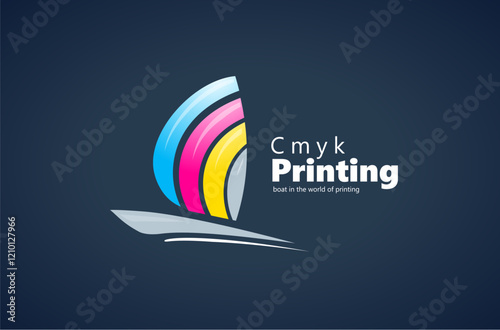 Logo Printing theme CMYK Polygraphy. Abstract Sailboat silhouette. Template design vector. Black background.