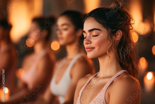 A group of women practicing hot yoga in a dimly lit room, with sweat glistening under the warm ambient lighting