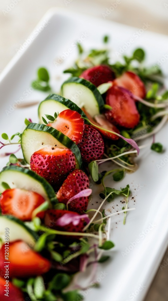 Colorful summer salad with strawberries, cucumbers, and microgreens on a plate Colorful summer salad with strawberries, cucumbers, and microgreens on a plate