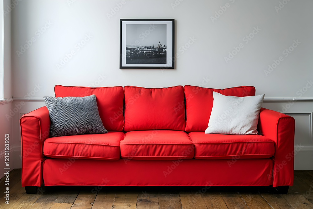 A red sofa stands against a white wall, creating a simple, modern interior design for a home living room A red sofa stands against a white wall, creating a simple, modern interior design for a home living room