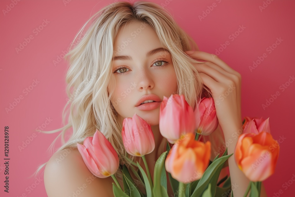 Portrait of cheerful young lady with romantic spring bouquet of tulips over pink studio background. Gorgeous blonde enjoying Woman's Day celebration, receiving flowers as special gift Portrait of cheerful young lady with romantic spring bouquet of tulips over pink studio background. Gorgeous blonde enjoying Woman's Day celebration, receiving flowers as special gift