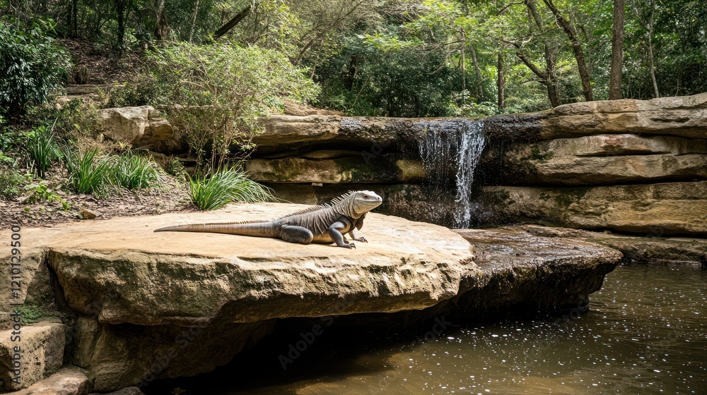 Iguana basking waterfall jungle rock habitat nature Iguana basking waterfall jungle rock habitat nature
