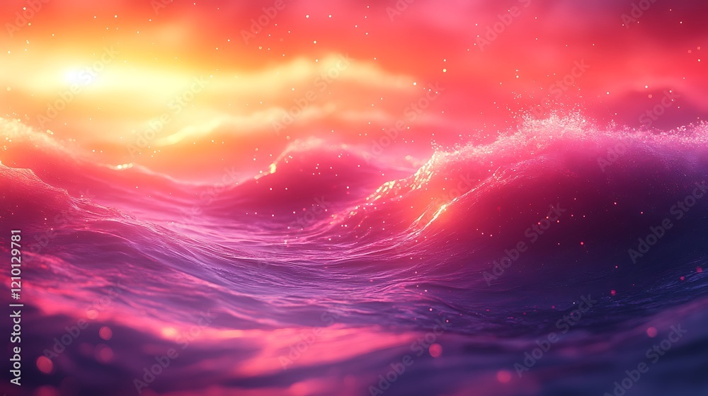 Fototapeta premium Crimson Tide at Sunset: A surreal seascape, where vibrant pink and orange hues paint the ocean waves during a breathtaking sunset. The water shimmers with an ethereal glow.