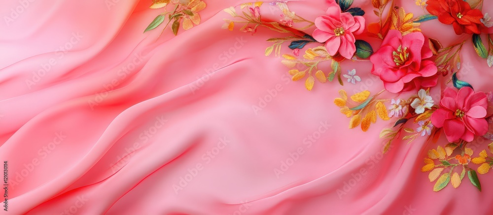 Elegant pink silk fabric softly draped with vibrant colorful floral motifs creating a luxurious background with ample space for text placement. Elegant pink silk fabric softly draped with vibrant colorful floral motifs creating a luxurious background with ample space for text placement.