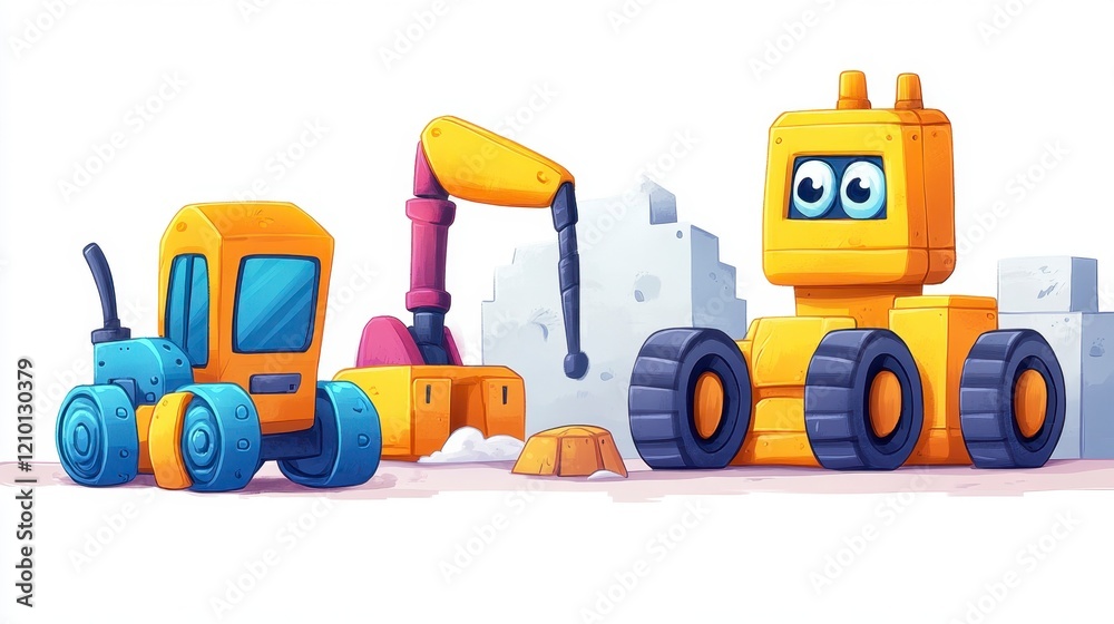 Fototapeta premium Cartoon Construction Vehicles with Bright Colors and Friendly Faces