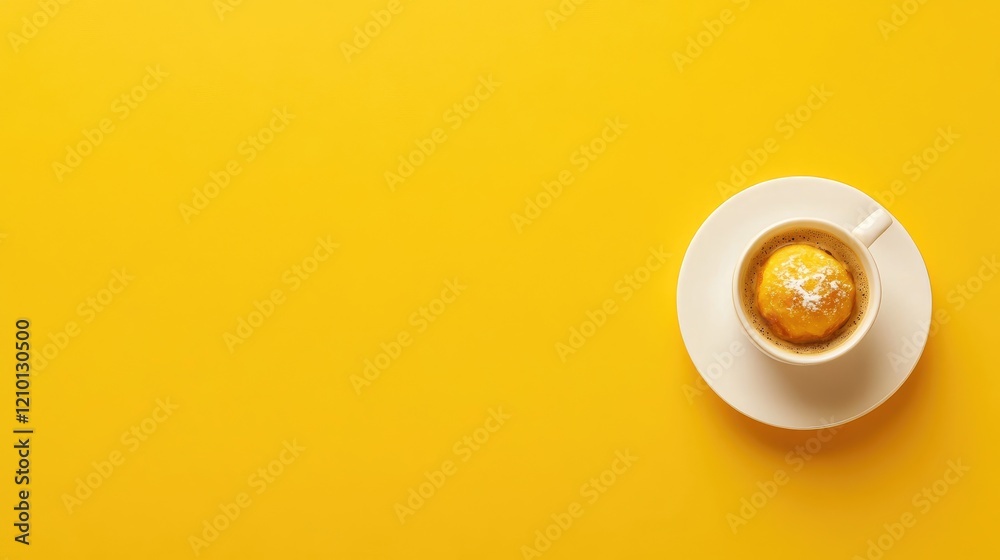 Cup of rich coffee and delightful pastry against vibrant yellow backdrop, representing morning productivity and sweetness, with ample empty space for text. Cup of rich coffee and delightful pastry against vibrant yellow backdrop, representing morning productivity and sweetness, with ample empty space for text.