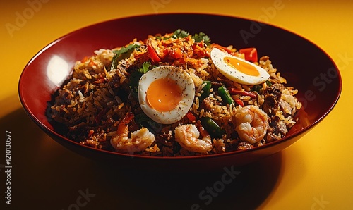 Mouthwatering nasi goreng served on a smooth red plate against a muted yellow background for a delightful culinary experience photo