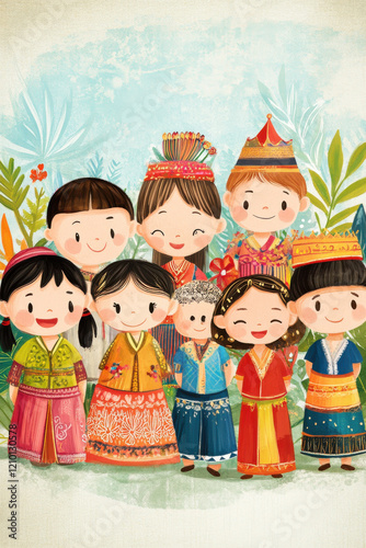 Illustration of children in traditional outfits from different cultures, celebrating diversity photo