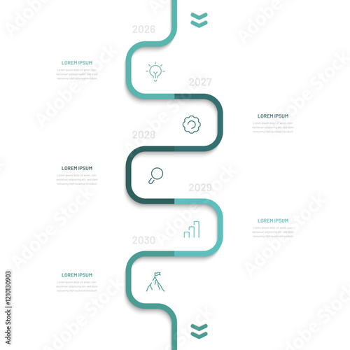Business timeline consists of 5 stages and periods. Roadmap infographics, a chart with editable icons for a presentation or website. Modern vertical annual target Infographics