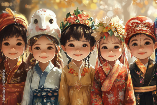 Illustration of children in traditional outfits from different cultures, celebrating diversity photo