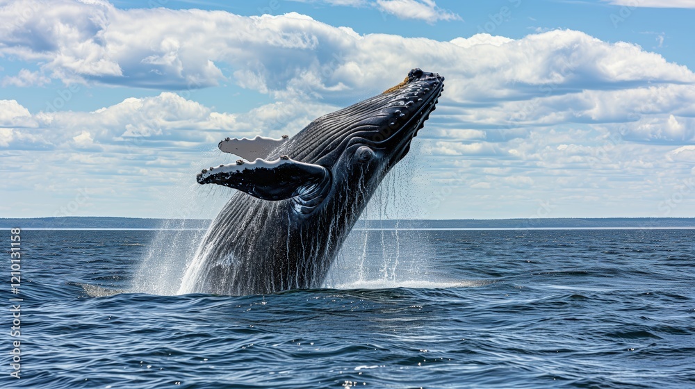 Fototapeta premium Humpback Whale Breaching Ocean Surface Water Splashing