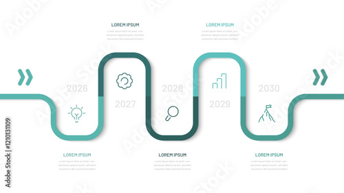 Business timeline consists of 5 stages and periods. Roadmap infographics, a chart with editable icons for a presentation or website. Modern horizontal infographics